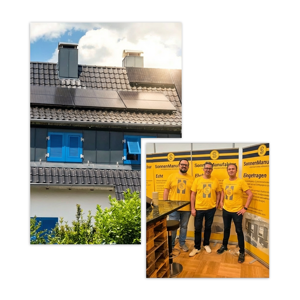 Ein Haus mit blauen Fensterläden und Sonnenkollektoren auf dem Dach und drei Männer in passenden gelben Hemden, die vor einem gelben Messestand der SonnenManufaktur Mieterstrom stehen.